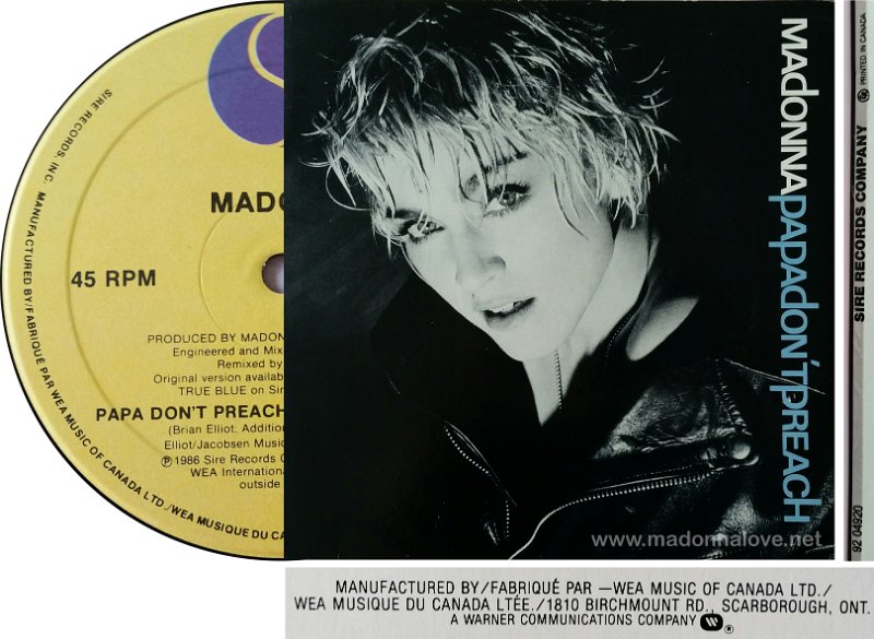 1986 Papa don't preach - Cat.Nr. 92 04920 - Canada (Manufactured by WEA Music of Canada on back+label & Printed in Canada side cover)