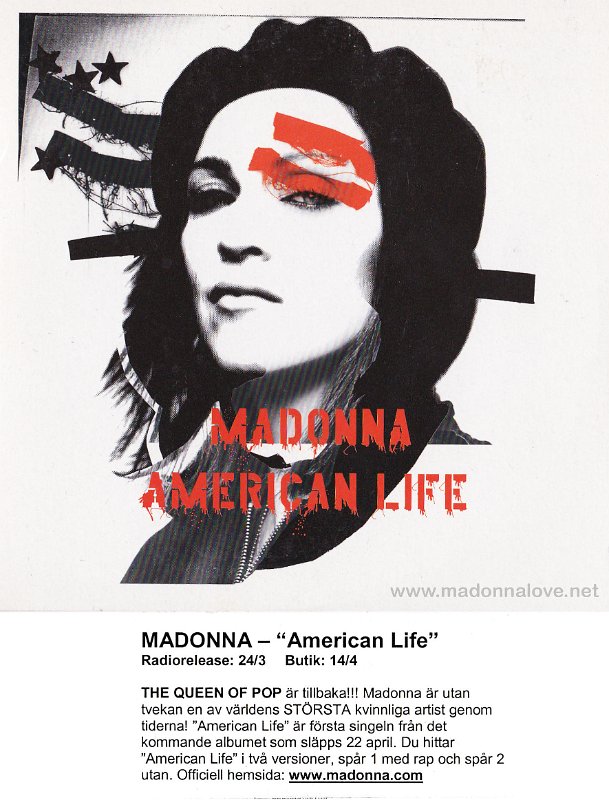 2003 American life Promo CD single (6-trk) - Cat. Nr. PRO03908 - Sweden (Germany pressing with promo sticker in Swedish on card sleeve)