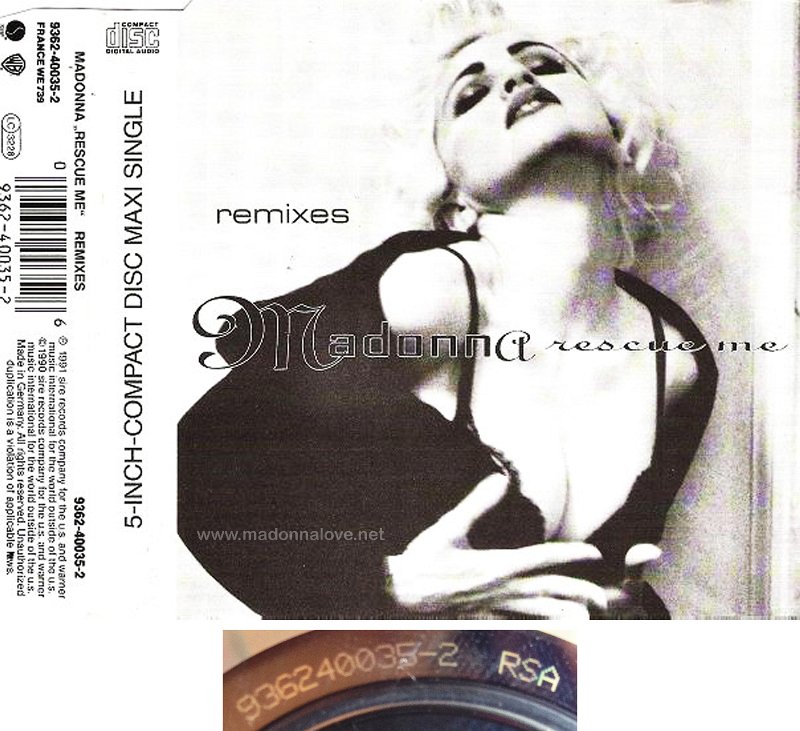 1991 Rescue me (remixes) - CD maxi single (3-trk) - Cat.Nr. 9362-40035 - Germany (936240035-2 RSA on back of CD)