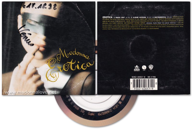 1992 Erotica - Cardsleeve CD single (3-trk) - Cat.Nr. 9362-40657-9 - France (WEA 2406579 MPO 01 @@@ 9 on back of CD)
