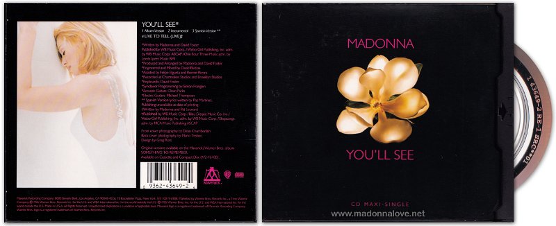 1994 You'll see - CD maxi single Digipack (4-trk) - Cat.Nr. 9 43649-2 - USA (X16152 1 43649-2 RE-2 01 MS1 on back of CD)