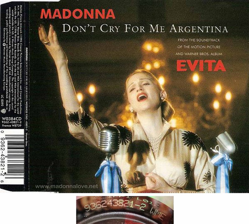 1996 Don't cry for me Argentina - CD maxi single (3-trk) - Cat.Nr. 9362-43821-2 - Germany (936243821-2 WME is on back of disc)