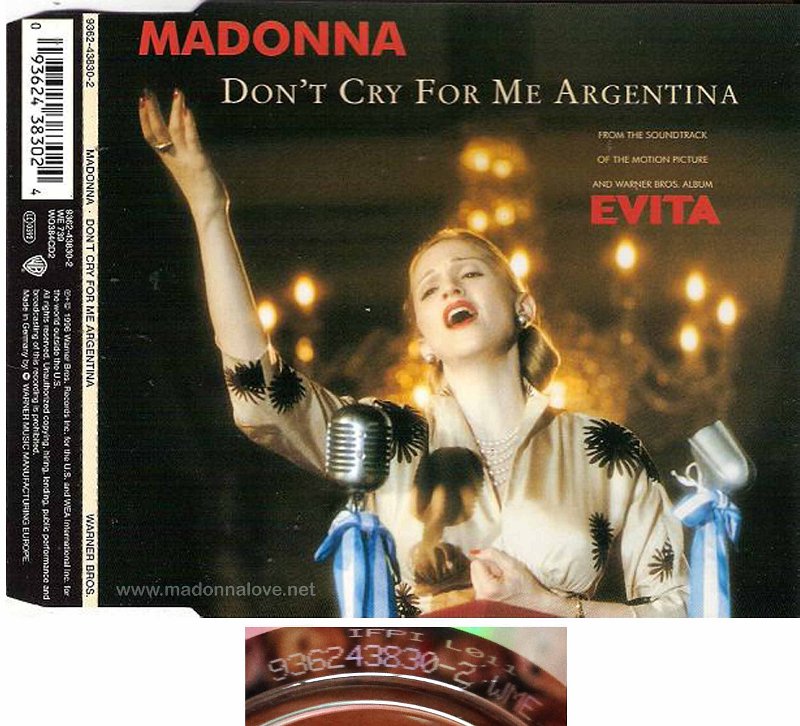 1996 Don't cry for me Argentina - CD maxi single (4-trk) - Cat.Nr. 9362-43830-2 - Germany (936243830-2 WME on back of CD)