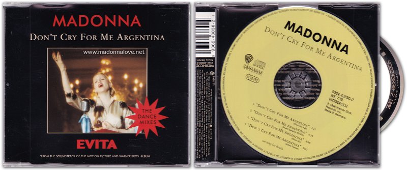 1996 Don't cry for me Argentina The dance mixes - CD maxi single (4-trk) - Cat.Nr. 9362 43830-2 - Germany (936243830-2 WME on back of CD)