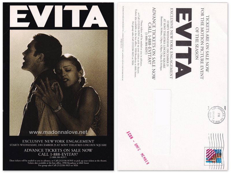 1996 - Evita exclusive New York engagement postcard (A5)