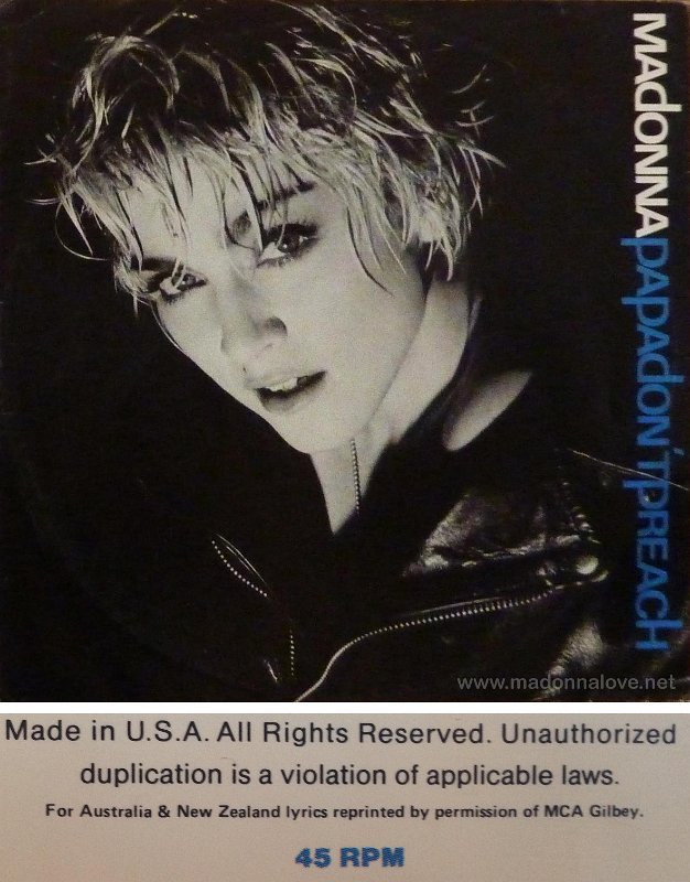 1986 Papa don't preach - Cat.Nr. 0-20492 - Australia ('For Australia & New Zealand lyrics reprinted' on back cover)