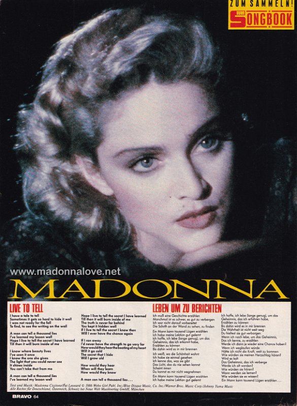 1986 - May - Bravo - Germany - Madonna Live to tell - Leben um zu berichten