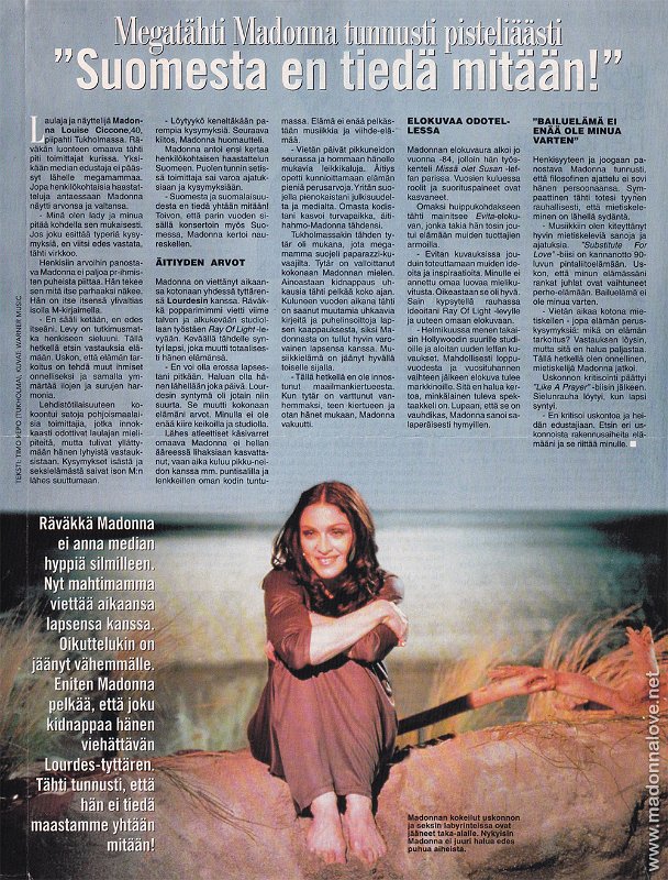 1998 - Unknown month - Unknown magazine - Finland - Megatahti Madonna tunnusti pisteliaasti - Suomesta en tieda mitaan!