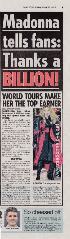2016 - March - Daily Star - UK - Madonna tells fans- Thanks a billion!