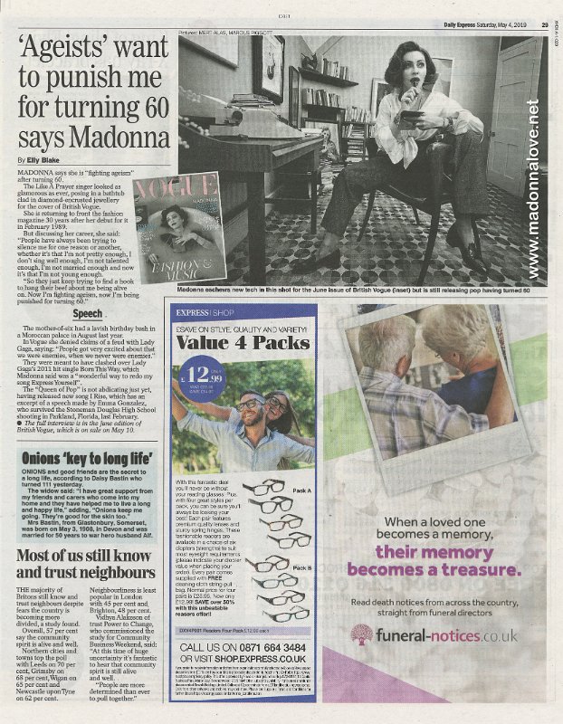 2019 - 4 May - Daily Express - Ageists want to punish me for turning 60 says Madonna - UK