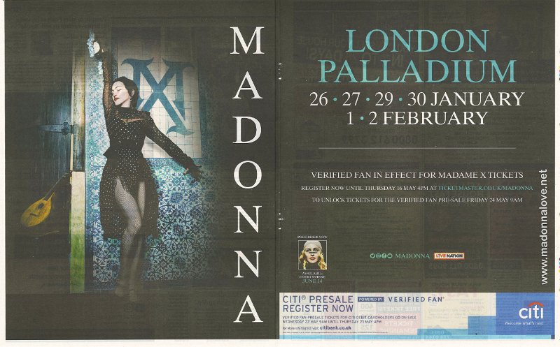 2019 - May 13 - Evening Standard - Advertisement Madonna London Palladium - UK